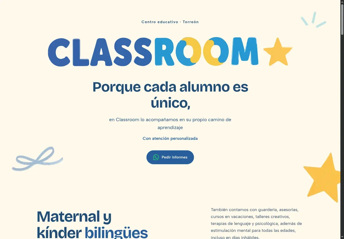 Captura del sitio de Classroom, con letras azules y amarillas sobre fondo crema.