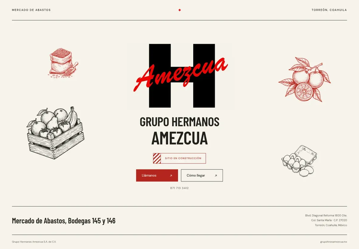 Captura del sitio en construcción de Grupo Hermanos Amezcua, con ilustraciones de alimentos.