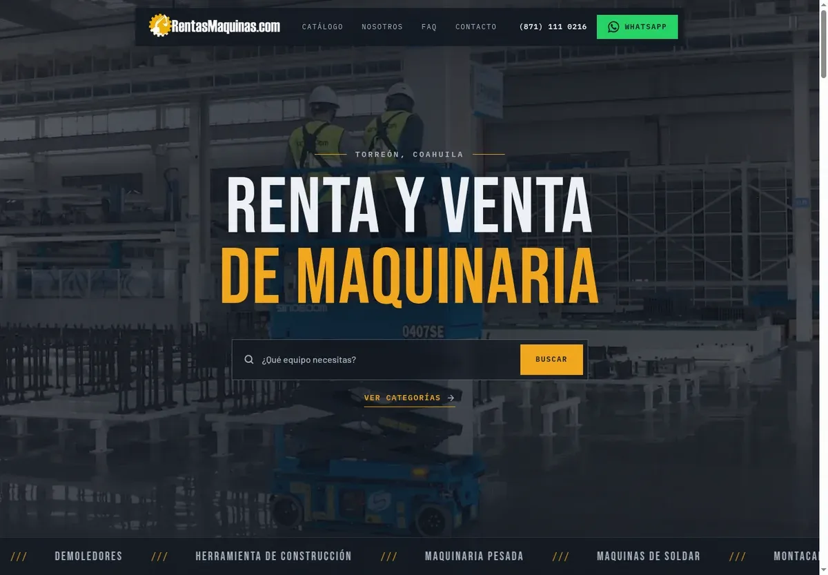 Captura de Rentas Máquinas, con maquinaria de construcción y un buscador de equipos.